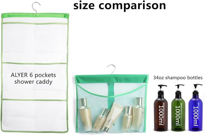 ALYER Hanging Mesh Shower Pockets for 34oz/1000ml Shampoo and Conditioner,Colorful Bath Toy organizer,Hanging Tandem Type Closet Accessories Storage Bag,Blue