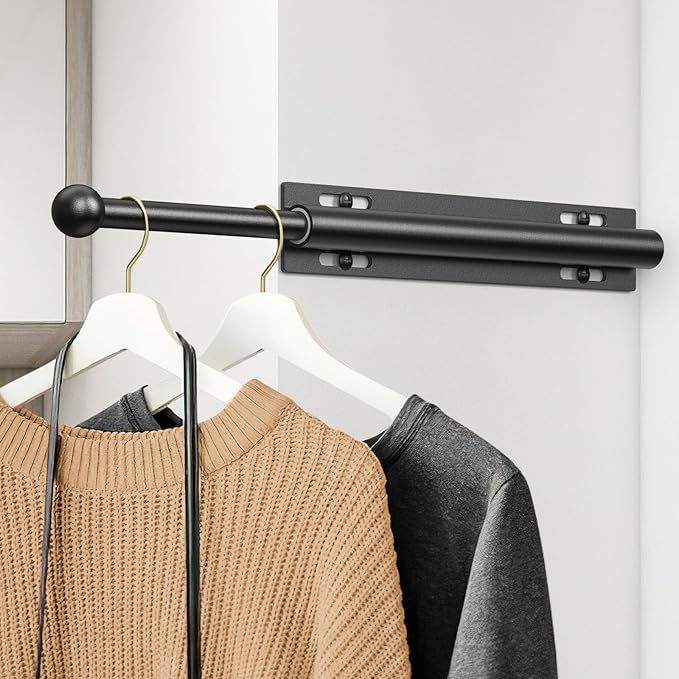 14" Valet Rod for Closet Pull Out, Retractable Slide Out Valet Rod Closet Organization, Aluminum Valet Clothing Hanger Rods Perfect for Suits, Dresses & Freshly Pressed Clothes, Black