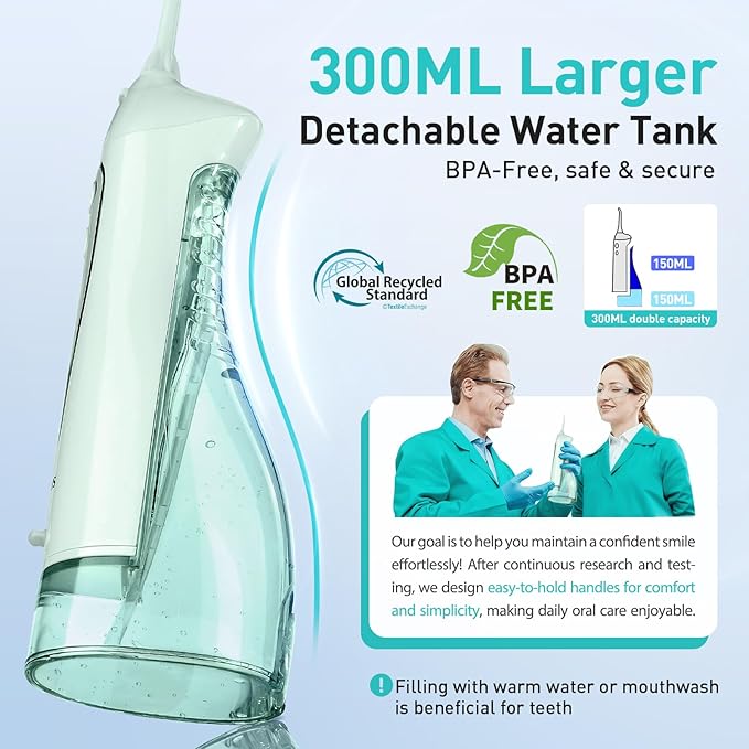 COSLUS Water Dental Flosser Teeth Pick C20(F5020E): Portable Cordless Oral Irrigator 300ML Rechargeable Travel Irrigation Cleaner IPX7 Waterproof Electric Flossing Machine for Teeth Cleaning, Green