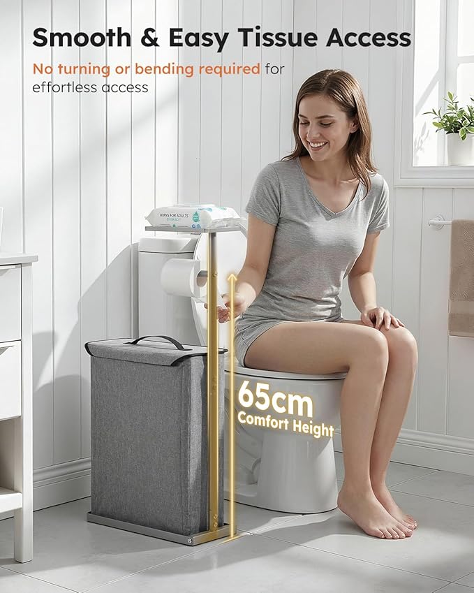 SOLEDI Freestanding Toilet Paper Holder Stand,Bathroom Toilet Paper Storage Organizer with Lid for up to 12 Rolls,Featuring Shelf and Sturdy Metal Base,Gray