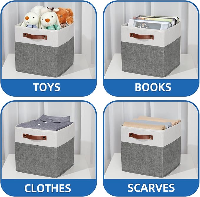Temary Cube Storage Bins 4 Pack Storage Cubes 11ﾗ11 Fabric Storage Bins Foldable Cube Storage Baskets with Handles, Collapsible Storage Basket for Shelf (White & Grey, 11 x 11 x 11)