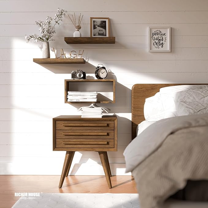 RICHER HOUSE Floating Shelves Set of 3, Modern Bathroom Shelves Wall Mounted Shelves with Invisible Brackets Over Toilet, Rustic Wall Shelves for Bathroom Bedroom, Living Room, Kitchen - Brown