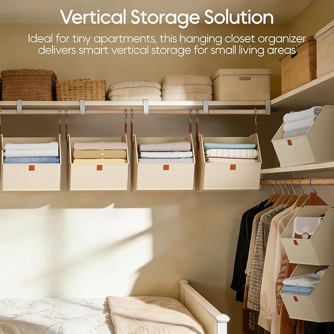 Collapsible Hanging Closet Organizer - 3 Tier Closet Shelves Storage System with Hooks, Fabric Hanging Storage Bins for Clothes, Foldable Storage Basket for Laundry, Bedroom, Rv, Beige