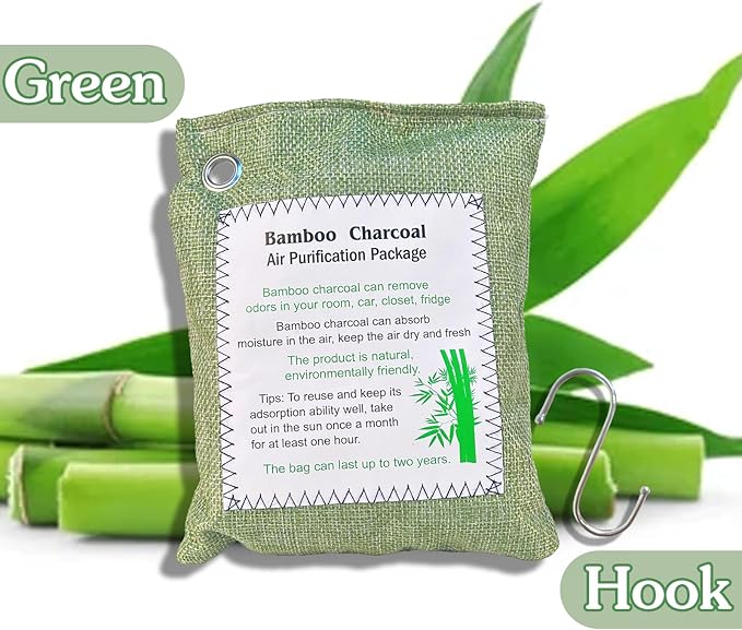 Bamboo Charcoal Air Purifying Bag, Activated Charcoal Odor Absorber Moisture Absorber Car Fresheners Odor Eliminator for Home Car Closet Refrigerator Shoe Smell Remover Gym Bag Deodorizer, Green