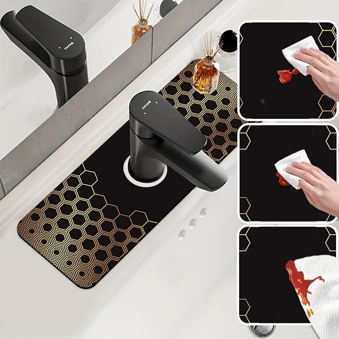 Sink Splash Guard Faucet Mat Black Gold Honeycomb Absorbent Fast Drying Mat Sink Gadgets Splash Guard Behind Faucet Drip Catcher for Kitchen Bathroom 15.5"X5.5"
