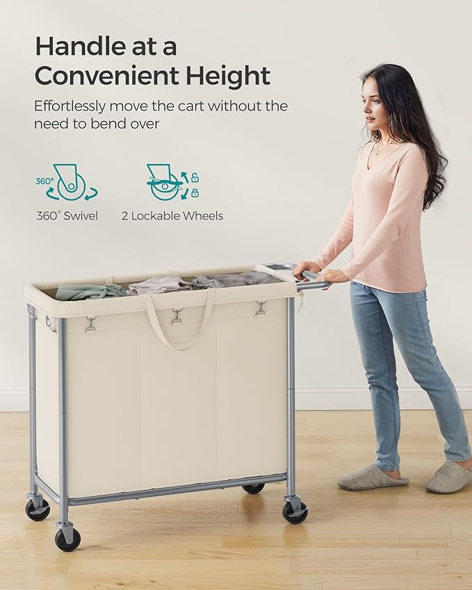 SONGMICS Laundry Basket with Wheels, 3-Section Rolling Laundry Hamper, 52.8 Gallons (200 L), Removable Liner, Steel Frame with Handle, 35.8 x 15.4 x 31.9 Inches, Cream White URLS005W01