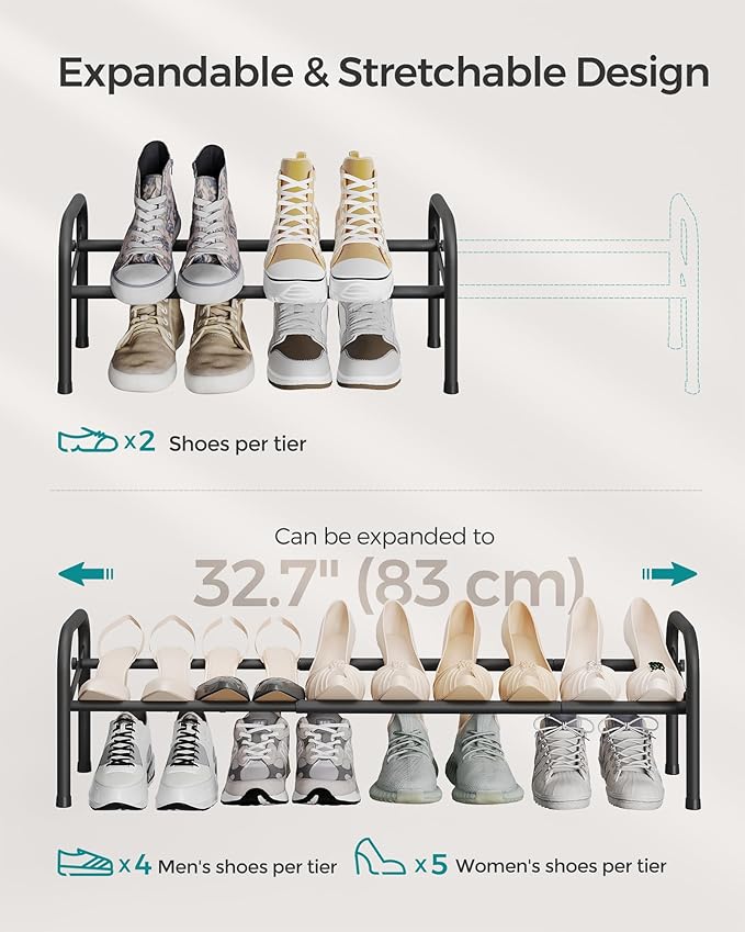 SONGMICS Expandable Shoe Rack, 1 Tier Shoe Rack Shelf, Adjustable Shoe Organizer Storage for 10 Pairs of Shoes, Metal Free Standing Shoe Racks for Closet, Front Door Entryway, Easy Assembly, Ink Black