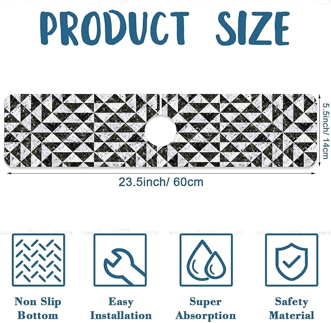 Granite Floor Tiles Sink Splash Guard Faucet Mat Mosaic Texture Super Absorbent Fast Drying Mat Sink Gadgets-Splash Guard Behind Faucet Drip Catcher for Kitchen Bathroom, 23.5"x5.5"