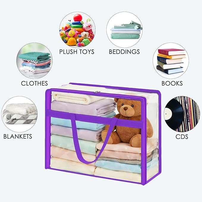 SGHUO Clear Storage Bags 60L Extra Large Plastic Vinyl Blanket Storage Bag for Clothes, Comforter, Bedding, Moving Bags with Zipper and Reinforced Handle (4pcs, Purple)