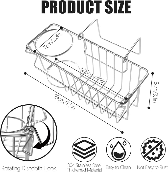 3-in-1 Sponge Holder for Kitchen Sink, Double Bowl Sinks Caddy, 304 Stainless Steel Hanging Sink Organizer & Accessories, Dish Cloth Drainer Basket Brush Soap Rack Silver