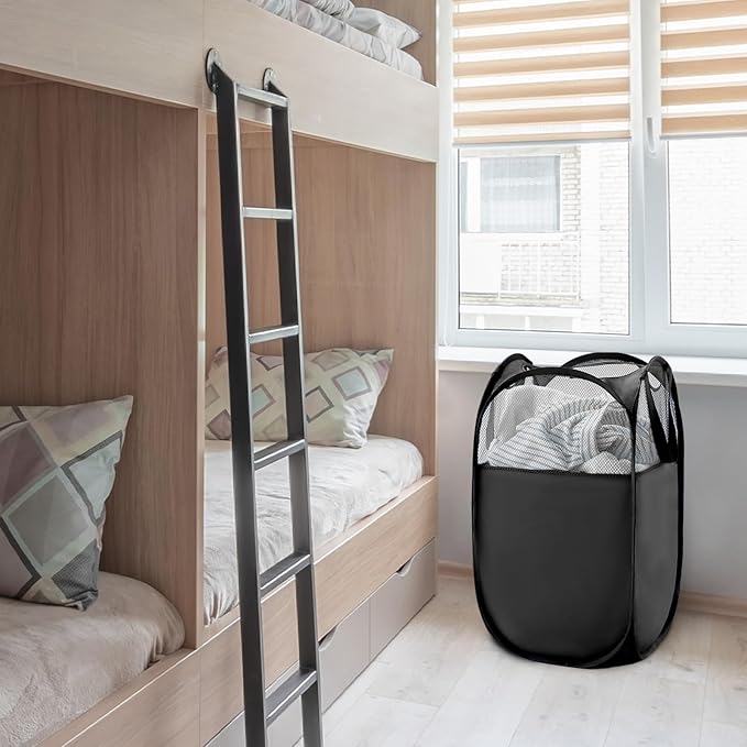 TECHMILLY Pop Up Foldable Laundry Basket, Mesh Laundry Hamper with Reinforced Handles for Dirty Clothes Storage in Dorm, Laundry Room, Bathroom, Black(Fabric), 2 Pack