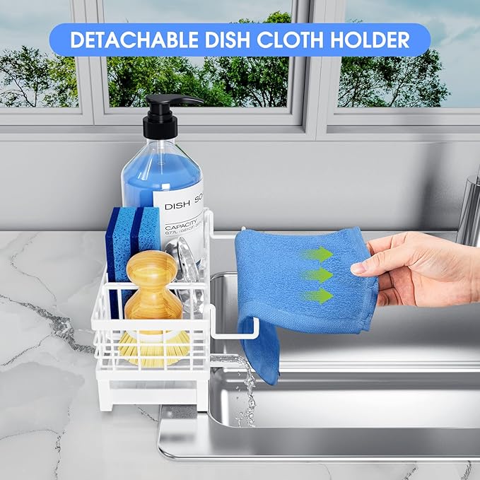 Kitchen Sink Sponge Holder - Self-Draining, Detachable Dish Cloth Holder, Rustproof Kitchen Countertop Organizer (White)