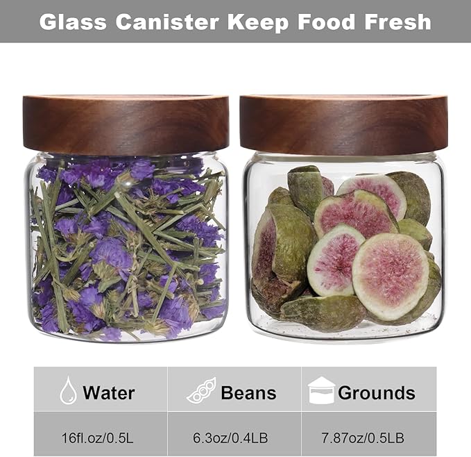 Patoper Glass Coffee Jars Spice Jar Round Storage Canister with Wooden Lid Clear Glass Food Jar for Pantry Sugar Tea Coffee Bean Spice Nuts Cookies Bath Salts (500ml/16oz-2pack)