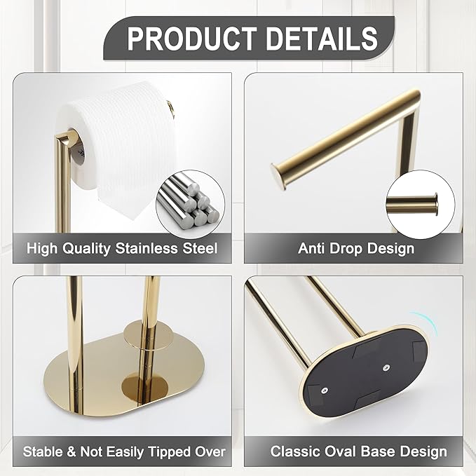 KLDKLD Gold Freestanding Toilet Paper Holder with Reserve for Bathroom with Weighted Base, Modern Tissue Roll Holder Stand