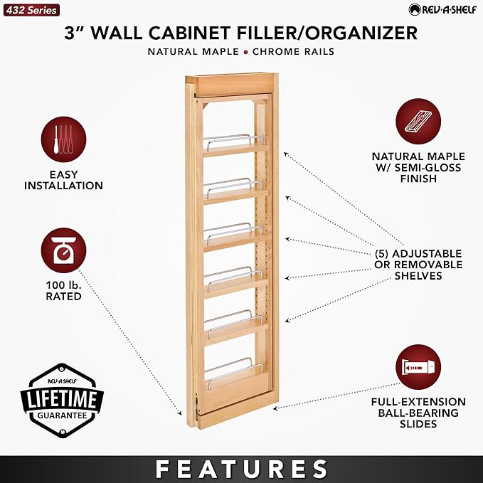 Rev-A-Shelf 3" W x 39" H Pull Out Quad Shelf Organizer for Wall & Base Kitchen Cabinets, Full Extension Filler Spice Rack, Adjustable, Wood, 432-WF39-3C