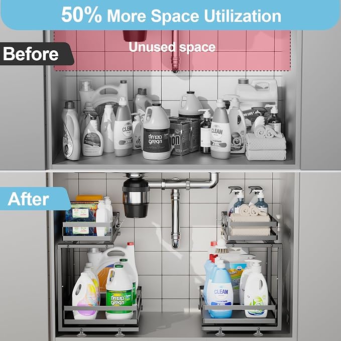 2 Pack Under Sink Organizers and Storage, Heavy Duty Metal Pull Out Cabinet Organizer with Ball-Bearing Slides, Height Adjustable L-Shaped Shelf for Kitchen & Bathroom (2-Pack)