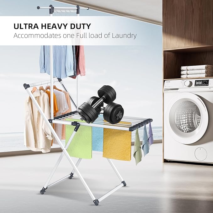 Unkqan Clothes Drying Rack, Foldable Laundry Rack for Indoor Outdoor, 10pcs Sock Clips, Collapsible Space-Saving Drying Rack for Clothes Towels Dolls, White (Gray-Hanger)