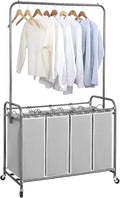 STORAGE MANIAC Laundry Sorter with Hanging Bar, Portable, Removable Laundry Hamper Cart with Heavy Duty Rolling Lockable Wheels and Removable Bags, Rolling Laundry Basket Organizer 181L, 4 Section