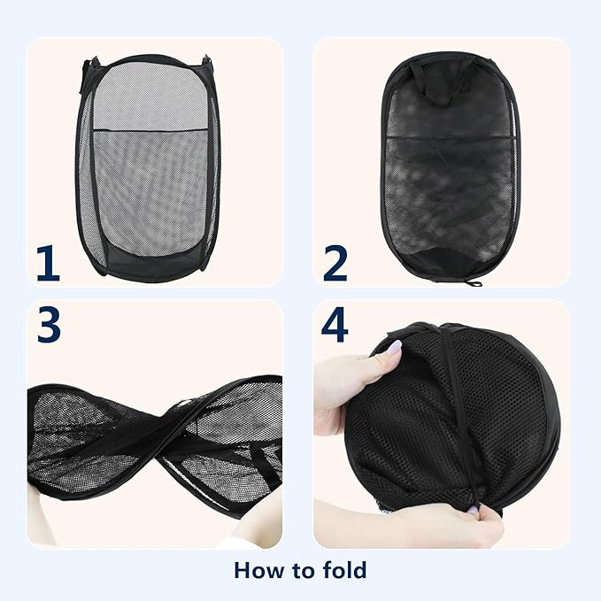 LXLOVESM Pop Up Laundry Hamper, Mesh Laundry Basket Collapsible, Foldable Hamper for Travel and Storage (Black)