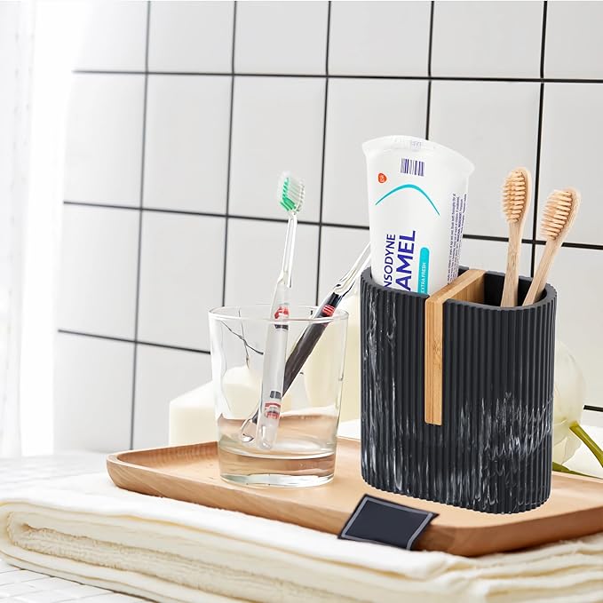 rejomiik Toothbrush Holders Electric Toothbrush Holder for Bathrooms, Bamboo Tooth Brushing and Toothpaste Storage Organizer for Sink, Countertop, Marble Black