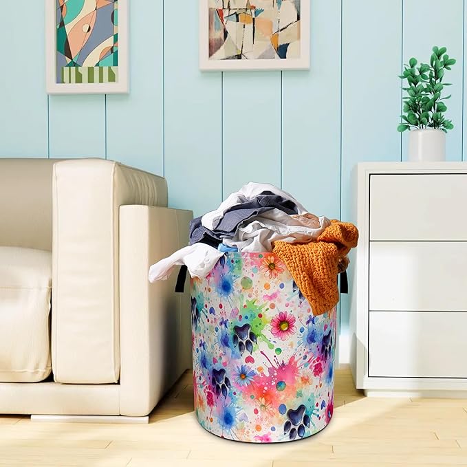 Colorful Dog Paw Prints Laundry Basket Oxford Cloth Pet Laundry Hamper With Handle Foldable Portable Clothes Storage Basket 18.9 X 16.5 Inch Storage Bag For Laundry Room/Bathroom/Bedroom/Dormitories