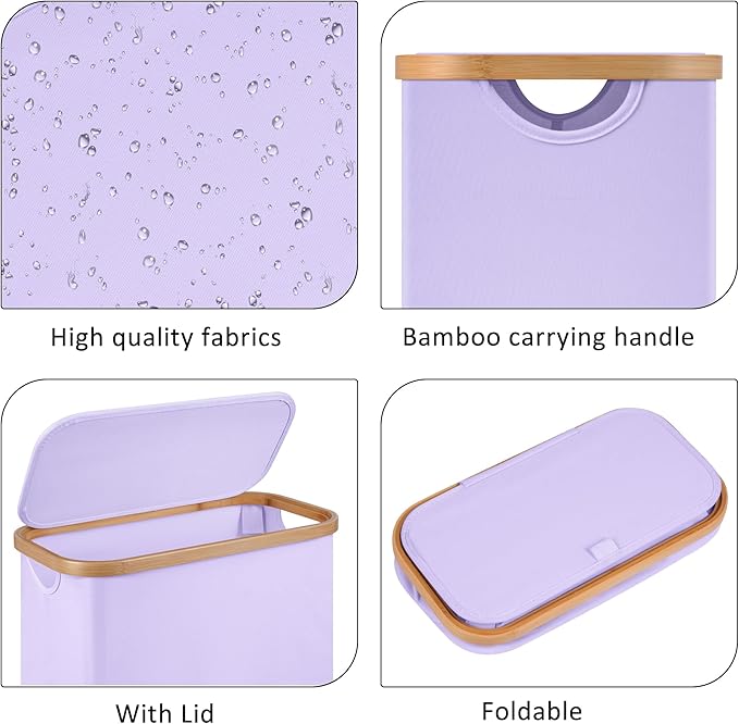 Slim Laundry Basket,60L Laundry Hamper with Lid, Tall Hamper for Laundry,Dirty Cloth Hamper with Bamboo Handle for Toys,Towels, Clothes Organizing,Purple