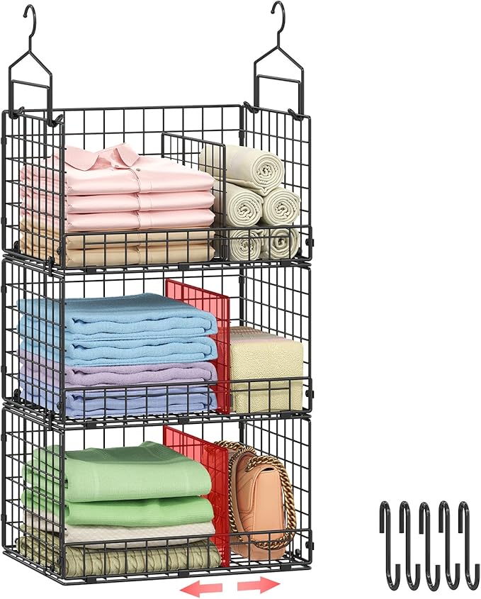 Sonyabecca 3-Tier Extra Large Closet Hanging Organizer with Dividers, Clothes Hanging Shelves with 2 Hanging Hooks & 5 S-Hooks, Wire Storage Baskets for Sweaters, Shoes, Handbags & Accessories