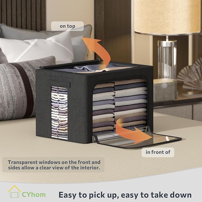 CYhom Extra Large Clothes Storage Bins Box - Linen Fabric Foldable Stackable Container Organizer Set with Clear Window & Carry Handles & Metal Frame (Black, Extra Large-100L)