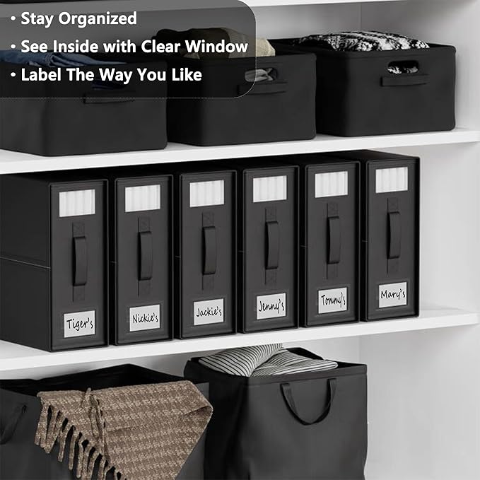 SheetCube Bed Sheet Organizers and Storage 6 Pack, Foldable Linen Closet Organizer with Window and Label, Bedding Folder Storage Box Container for Blanket, Duvet Cover Set, Bed Sheet Set - Black
