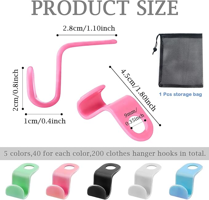 200 Pcs Hanger Hooks,Clothes Hanger Connector Hooks,Space Saving Hanger Hooks,Plastic Connectors Hooks for Clothes,Cascading Hanger Extenders for Closet Organizers,5 Colors