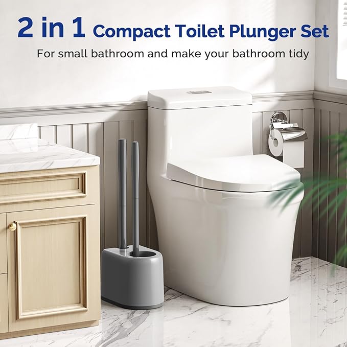HAMITOR Toilet Plunger and Brush Set for Bathroom Cleaning with Extented Handle - Heavy Duty Toilet Plunger Combo Accessories with Caddy Stand Holder for Small Space - Gray
