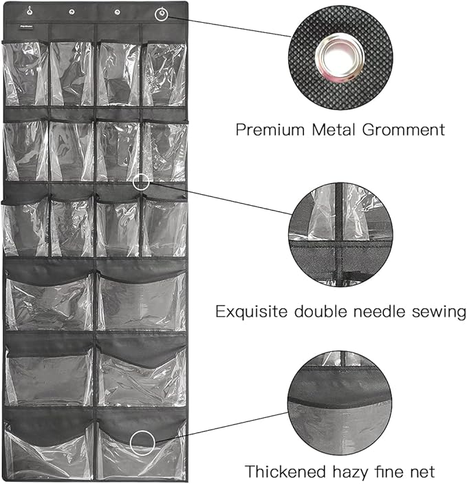 TidyMaster Extra Large Hanging Over Door Shoe Organizer, Closet Shoe Rack - 12+6 Crystal Pockets, 4 Hooks, Black (59"x 21.6")