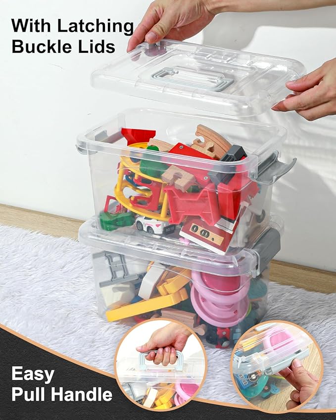Plastic Storage Bins 7 Quart-Storage Organizer Bins with Grey Buckle Lids, Stackable Storage Bins with Lids for Home Office Kids Room Closet School Art Supplies Organization,6 Packs, Clear