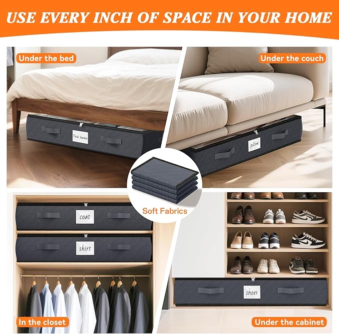 SpaceWhisper 90L Under Bed Storage Containers, 2-Pack Storage Bins with Clear Top, Foldable Closet Organizers and Storage with Label Holder for Clothing, Blankets, Comforter & Pillows (Grey)