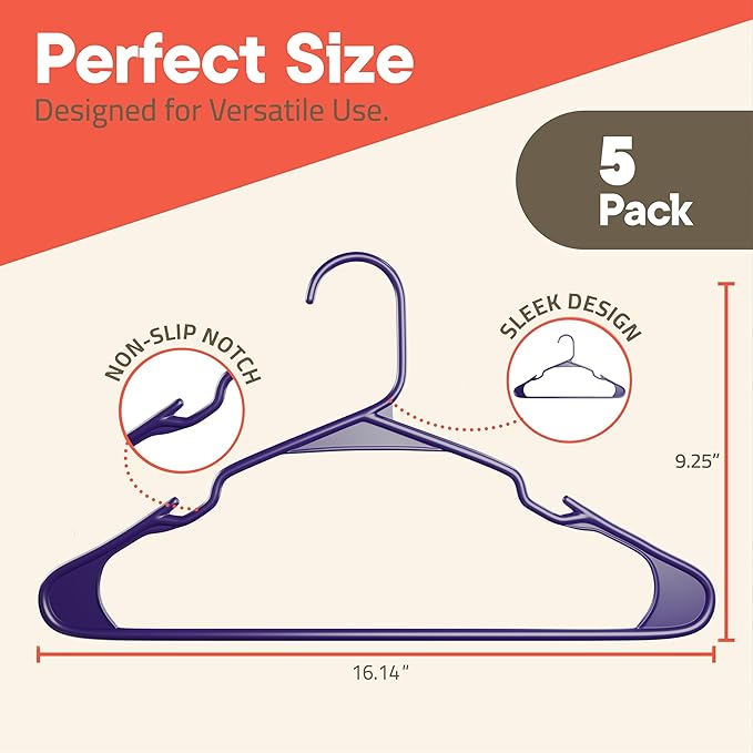 Purple Plastic Hangers 5 Pack– Heavy-Duty Plastic Hangers Slim and Space-Saving, Durable and Lightweight with Non-Slip Shoulder Notches for Slip Dresses, Suits, Jackets & Camisoles