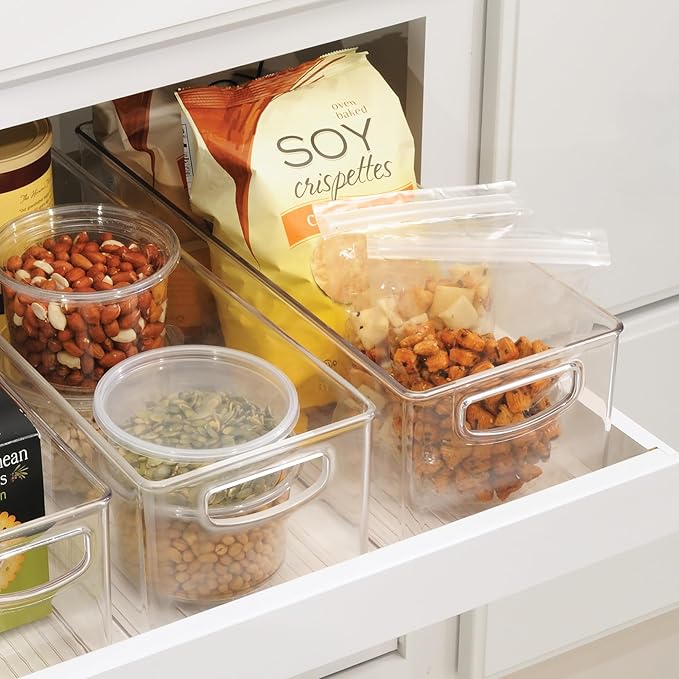 iDesign Plastic Stackable Pantry Bin with Handles for Cabinets or Fridge, Clear, Made in USA