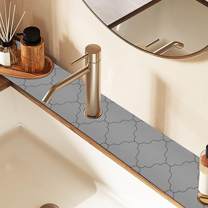 Kitchen Sink Splash Guard 2 PCS 30 Inch Sink Faucet Mat Splash Guard for Bathroom Countertop Water Absorbent Foldable Cuttable Soft Washable Monochrome Geometric Quatrefoil Grey