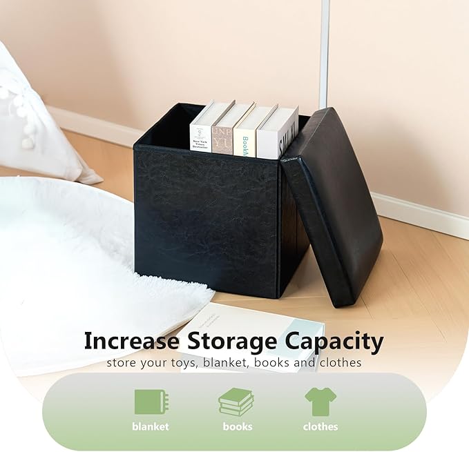 B FSOBEIIALEO Folding Storage Ottoman Cube with Faux Leather for Living Room, Bedroom, Home Office, Dorm Storage Footrest Black 11.8"x11.8"x11.8"
