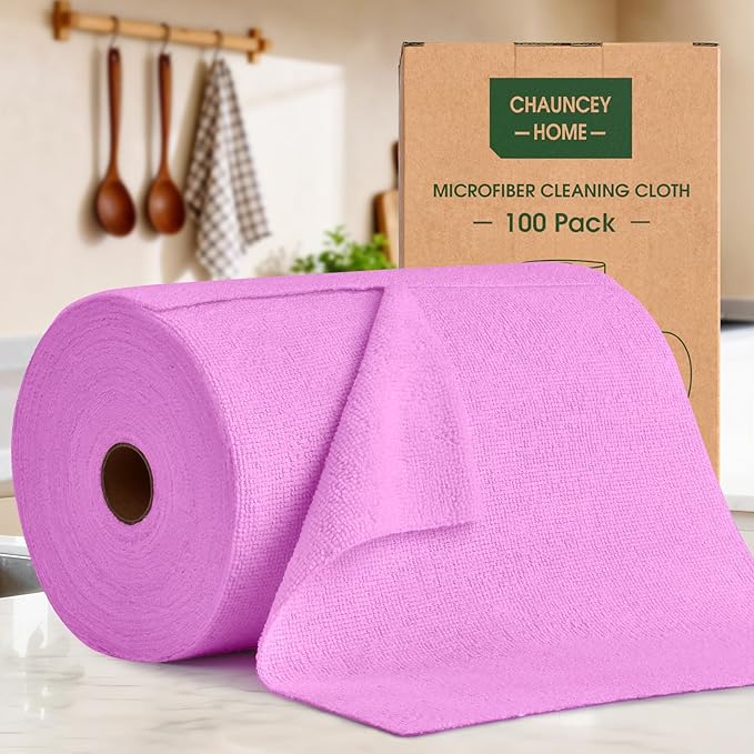 CHAUNCEY HOME Microfiber Cleaning Cloth Roll - 100 Pack Tear Away Microfiber Paper Towels, Reusable, Washable, Scratch-Free, Kitchen Towels for Car, Home, Kitchen, Glass, Dishes (Light Purple)