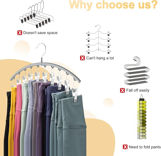 Legging Organizer for Closet, Metal Yoga Pants Hanger w/Rubber Coated 1 Pack w/10 Clips Hold 10 Leggings, Hangers Space Saving Hanging Closet Organizer for Closet Organizers and Storage-Gray