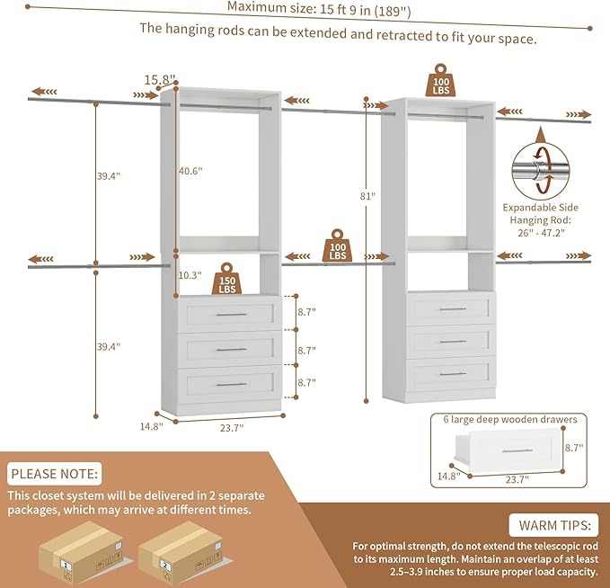 Closet System with 6 Drawers, 4FT-15FT Closet Organizer System with 10 Adjustable Hanging Rods & 2 Shelves, Modular Closet Systems Kit for Walk-In Closets, 2 Sets, White