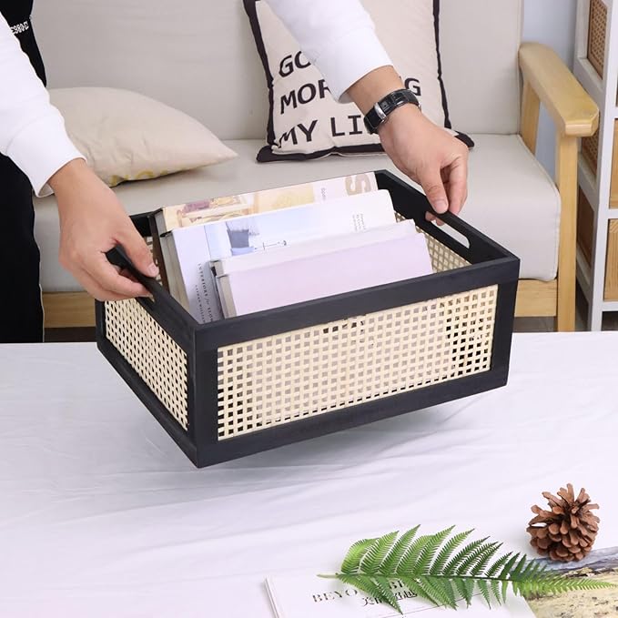 Wooden Frame Storage Basket, Decorative Organizer Crates Box with Built-in Handle,Natural Wire Wood Nesting Drawer Storage for Kitchen, Bathroom and Office Desktop-(15" Lx11 Wx6.3 H-Black)