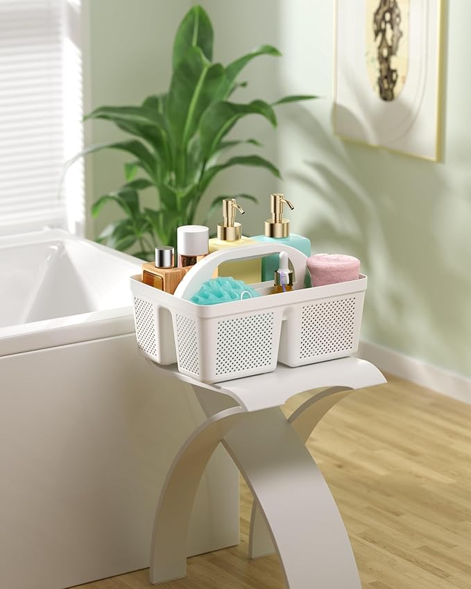 MLIKLU 4 Pack Portable Shower Caddy, Integrated Handle, Reinforced Plastic, Quick-Dry Ventilation Holes, Multi-purpose Storage Basket for Home, Dorm and Bathroom, Kitchen, Under Sink Storage, White
