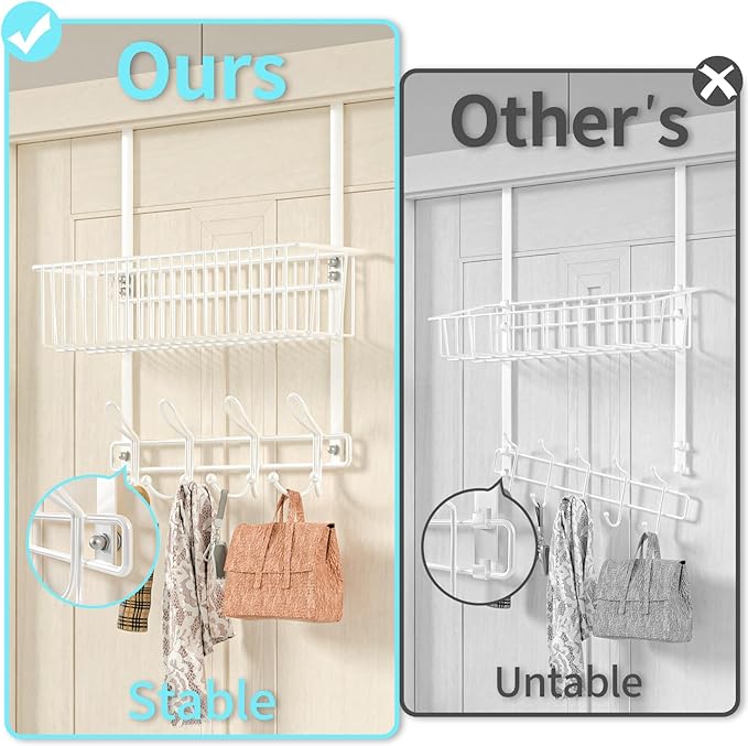 Kaiferty Over The Door Hooks Organizer,Door Hanger Door Storage with Basket,Over The Door Towel Rack Coat Hooks with 12 Hooks,for Bathroom,Bedroom,Kitchen,Office,Apartment(White)