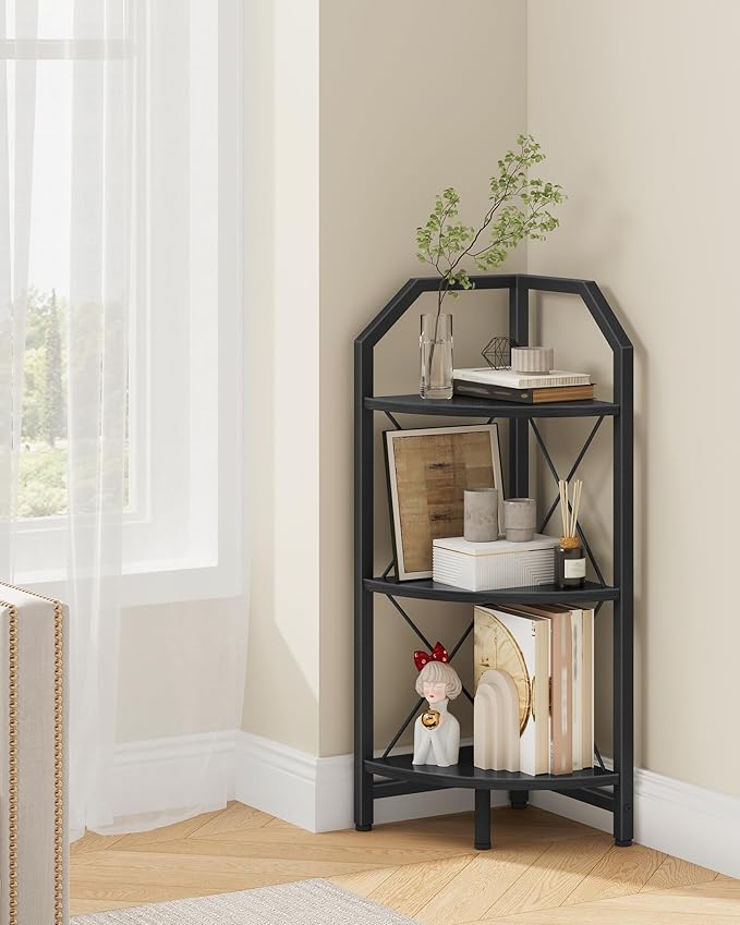3-Tier Corner Shelf, Industrial Corner Bookshelf, 35.4" Storage Stand, Plant Stand Display Shelf, Bookcase for Bedroom, Living Room, Home Office, Black TCJ03BB ﻿
