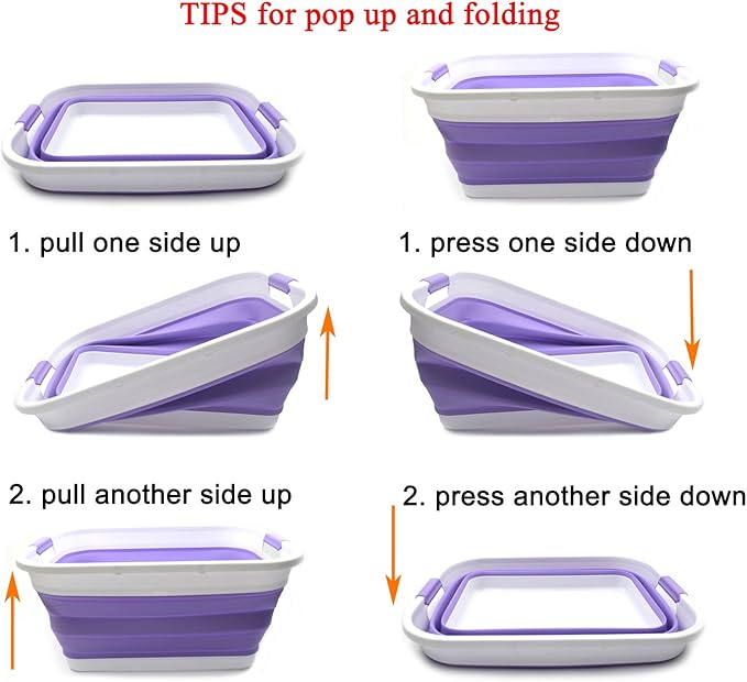 SAMMART Set of 2-41L(10.8 gallon) Collapsible Plastic Laundry Basket-Pop Up Storage Container-Portable Washing Tub-Space Saving Hamper,Water capacity:32L(8.4 gallon) (2 rectangular, Lt. Purple)