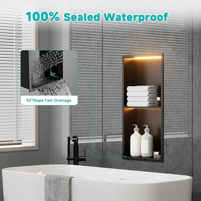 TSIBOMU 12" X 24" Stainless Steel Shower Niche with LED Lights, Matte Black Double Shelves Recessed Shower Niche No Tile Needed for Bathroom/Bedroom Storage