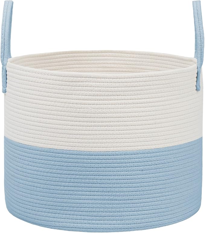 65L Extra Large Blanket Basket for Living Room - Woven Cotton Rope Laundry Hamper with Reinforced Handles - Storage Bin for Pillows, Comforters & Toys - Machine Washable,White&Blue