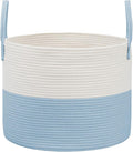 65L Extra Large Blanket Basket for Living Room - Woven Cotton Rope Laundry Hamper with Reinforced Handles - Storage Bin for Pillows, Comforters & Toys - Machine Washable,White&Blue
