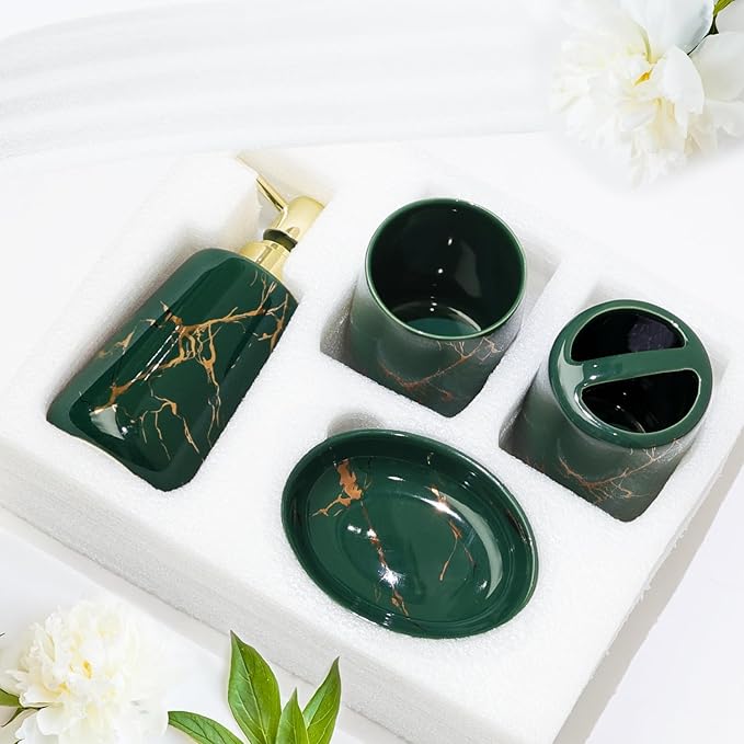 CERBIOR Bathroom Accessories Set,4 Pcs Ceramic Bathroom Decor Accessory,Includes Toothbrush Holder, Toothbrush Cup, Soap Dish for Decorative Countertop and Housewarming Gift(Green 4pcs)